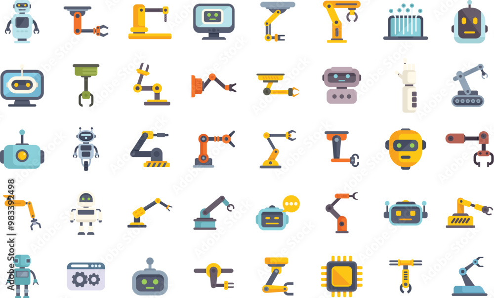 Poster this large set of colorful icons shows robots and robotic arms in various positions, illustrating co