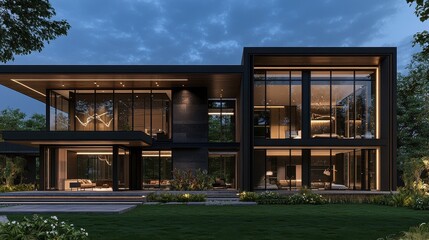 Modern Black House with Large Windows and a Lush Green Lawn at Dusk