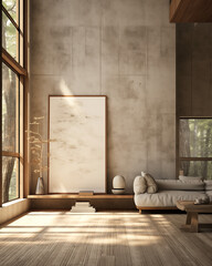 Japandi rustic minimalist, wabi sabi style simple living room interior with couch and large art frame against neutral wall