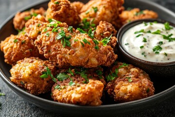Fototapeta premium Crispy Fried Bites with Creamy Dip and Parsley Garnish