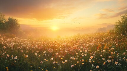 Fototapeta premium A Field of Wildflowers at Sunset with Birds Flying Overhead