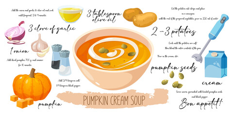 Vector picture recipe of yummy pumpkin creamy soup with text and pictures.
