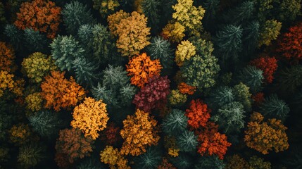 Aerial view of a forest in autumn with vibrant colors.