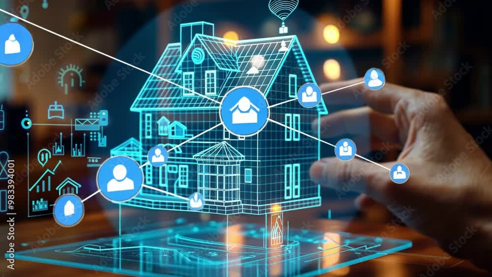 Poster A hand interacts with a holographic representation of a house, highlighting smart technology elements like security, lighting, and connectivity in a modern setting.