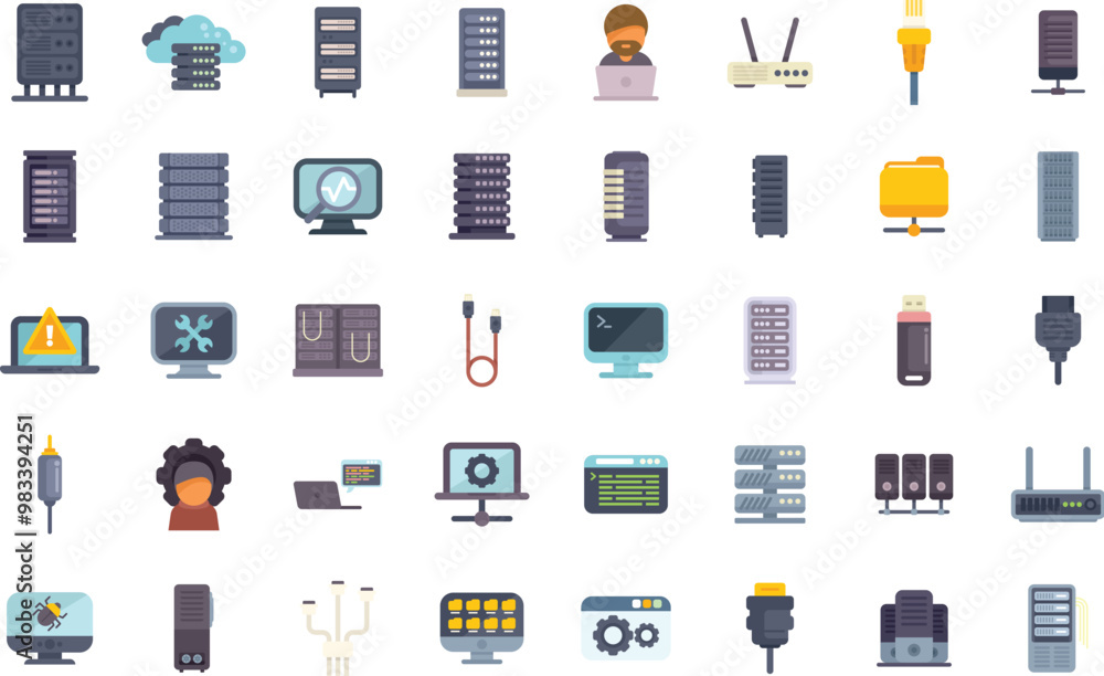 Poster data center hosting server network connection concept icons set in flat style