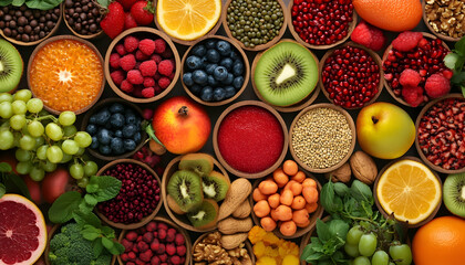 Health food for fitness concept with fruit, vegetables, pulses, herbs, spices, nuts, grains and pulses. High in anthocyanins, antioxidants, smart carbohydrates, omega 3, minerals and vitamins.   