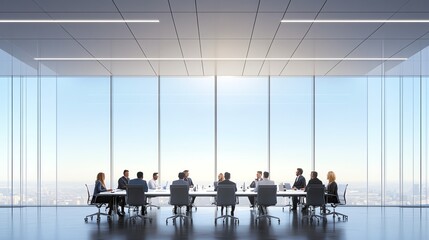 A group of business people meet around a large table in a modern office space with expansive windows overlooking a city skyline.