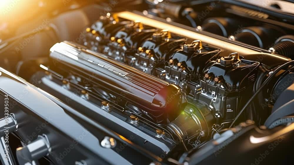 Poster powerful v8 engine ready to roar, showcasing intricate automotive engineering and design with gleami