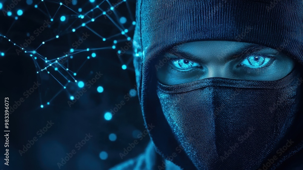 Poster hacker with blue glowing eyes and network connection