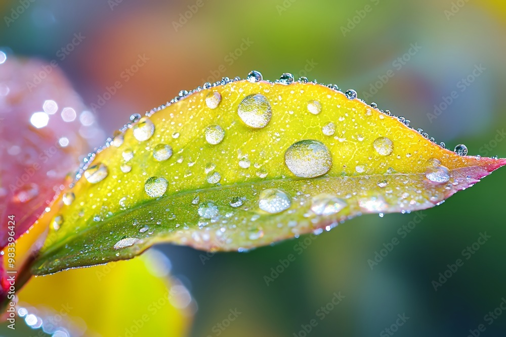 Sticker Close up of dew drops on a vibrant green and yellow leaf. Macro shot with soft bokeh background.