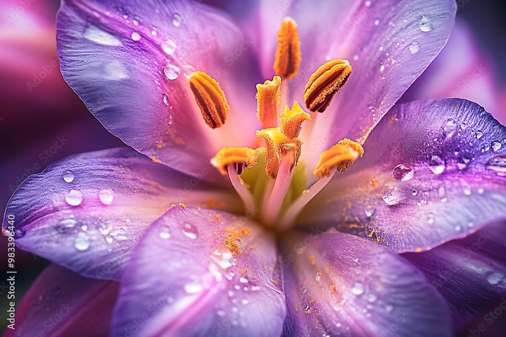 Sticker Purple lily flower with water droplets close up macro photography