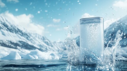 A crystal-clear glass splashes into the tranquil, icy waters of a snow-capped mountain landscape under a bright, clear sky