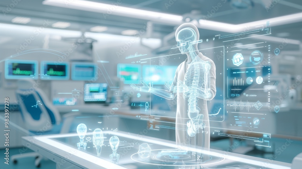 Poster a futuristic medical lab featuring a holographic figure interacting with digital data on a high-tech