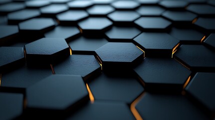 Obraz premium A 3D-rendered background of interlocking hexagons in dark grey and black, with varying heights creating a sense of movement and flow across the surface. The texture is sleek and modern, ideal