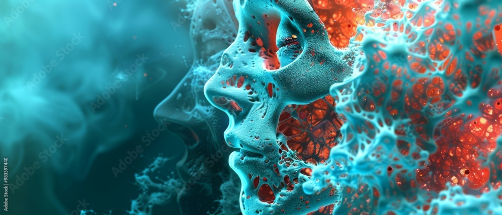 Poster a mesmerizing digital artwork depicting a vibrant, abstract interpretation of a human face intertwin