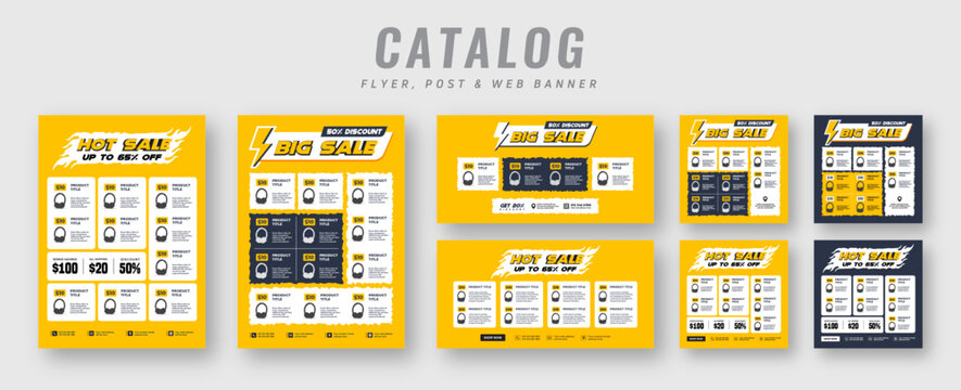 Supermarket product sale catalog flyer with social media post set, Promotion web banner ads, Christmas square banner & catalogue flyer bundle
