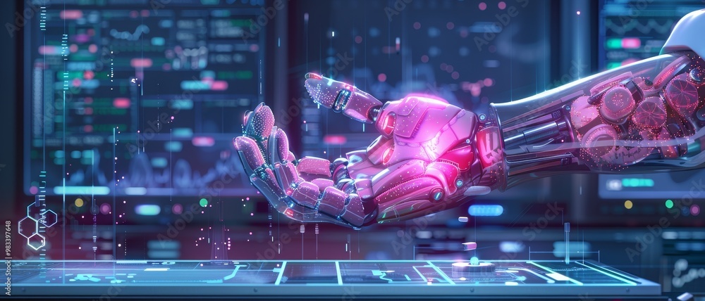 Poster a futuristic robotic hand interacts with a digital interface, showcasing advanced technology and vib
