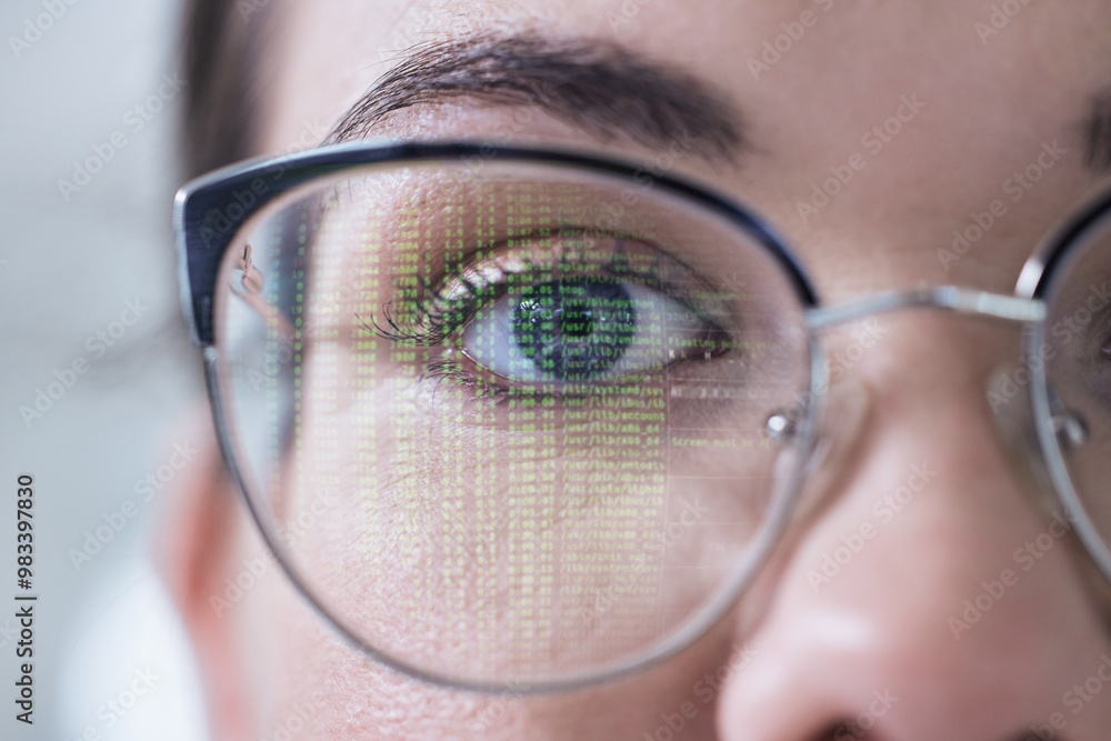 Poster Closeup, portrait or woman with glasses and coding reflection for vision, eyes healthcare or wellness. Innovation, half face or programmer reading online code software for development on computer