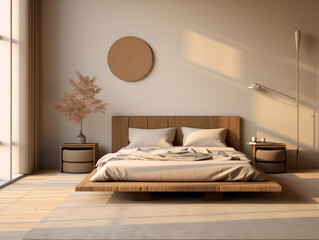 Japandi rustic minimalist bedroom interior. Brown wood frame bed against light neutral wall.