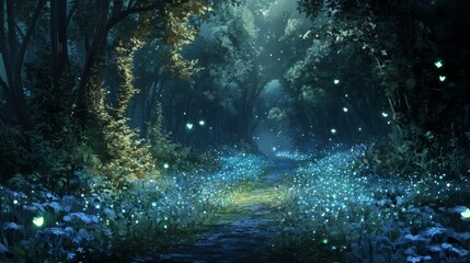 Obraz premium Enchanted Forest Pathway with Glowing Lights