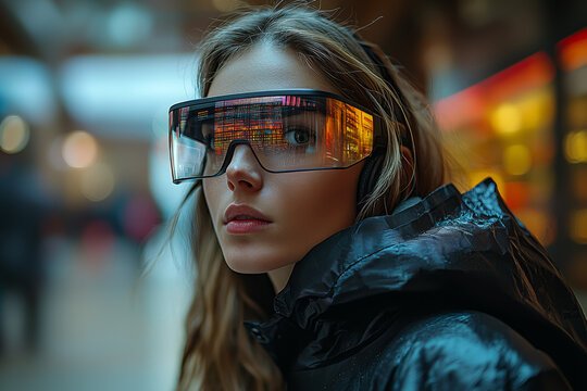 A person using augmented reality glasses to overlay digital information onto the real world, enhancing their everyday experiences. Concept of AR integration. - Powered by Adobe