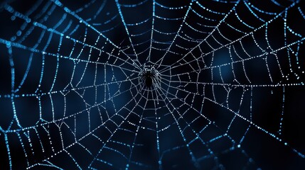 Fototapeta premium Spiderweb with Dewdrops on a Dark Background
