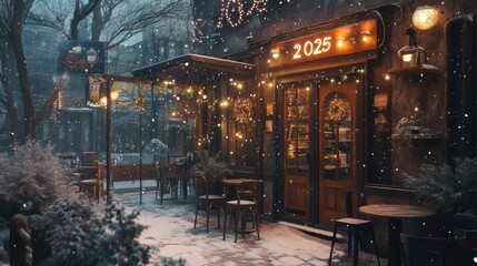 Naklejka premium Festive cafe exterior decorated with lights and '2025' sign during a snowy evening