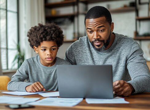 father child home family homework son teenage parent education laptop teen boy teaching childhood man learning together school computer internet teacher tutor black