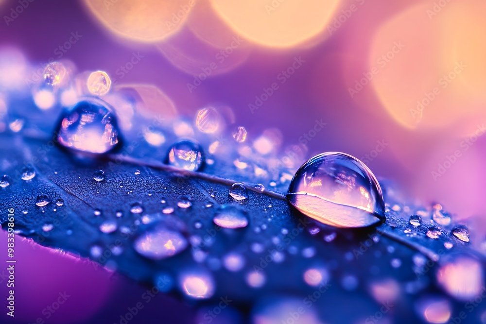 Poster close up macro photo of water droplets on a leaf with blurred bokeh background