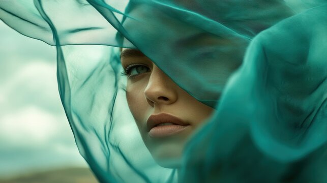 Close-up portrait of a woman with teal fabric