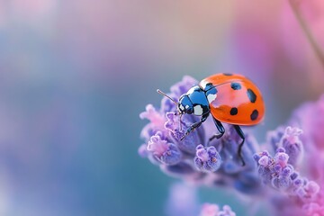 Naklejka premium Macro shot of ladybug on purple flower with blurred pink background