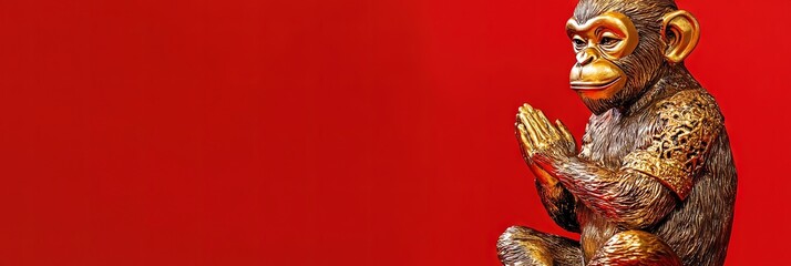golden monkey, year of the monkey, solid red background, copy space 