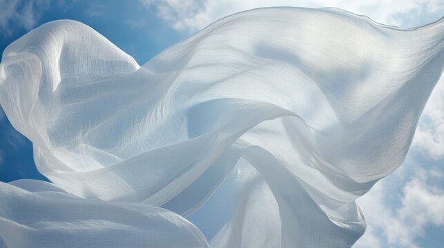 Flowing white fabric against a blue sky