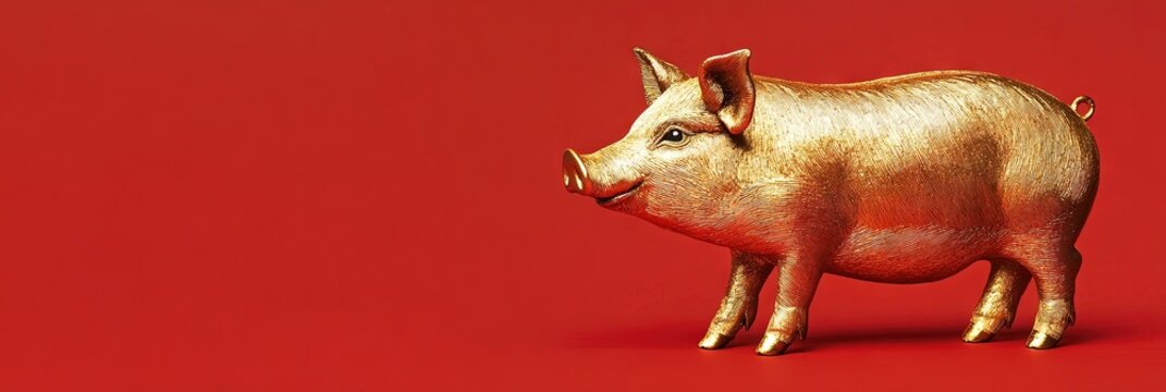 golden pig, year of the pig, solid red background, copy space 
