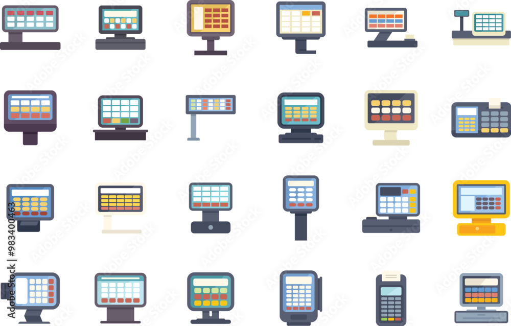 Poster different types of cashier electronic machines for processing payments and displaying information to