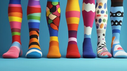 Variety of colorful socks displayed on feet against a blue background
