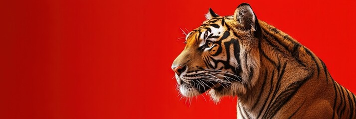 golden tiger, year of the tiger, solid red background, copy space