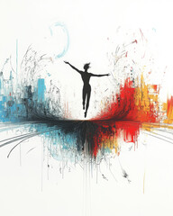 Abstract Silhouette of a Person Dancing on a Colorful Divide Between Cityscapes

