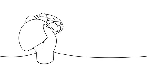 Hand holding Mexican beef taco one line continuous drawing. Traditional Mexican street fast food. Vector linear illustration.