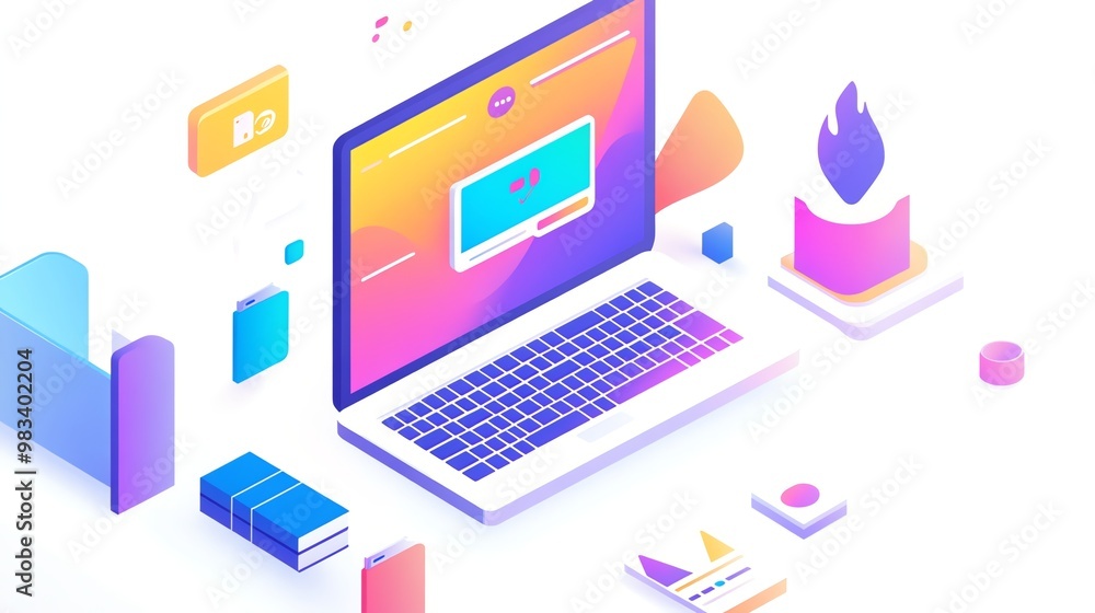 Poster isometric illustration of a laptop computer with various digital elements and icons.