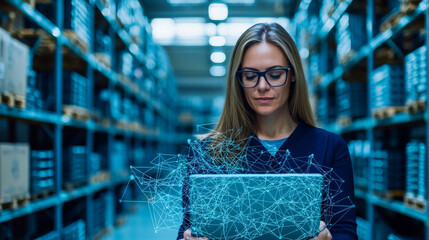 Woman in a warehouse uses technology to manage inventory.