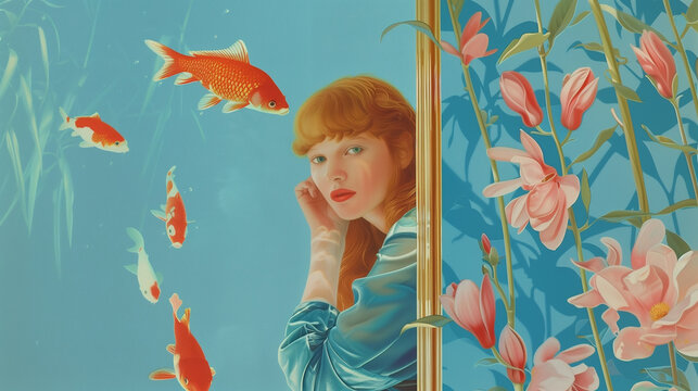 A jinger schoolgirl behind the glass of an aquarium, on a blue vintage 70s backdrop with floating red fish.