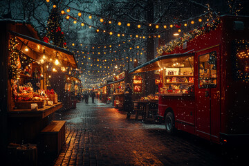 Naklejka premium A vibrant, neon-lit Christmas market with food trucks, offering a fusion of global holiday treats and artisanal crafts. Concept of a modern holiday fair.