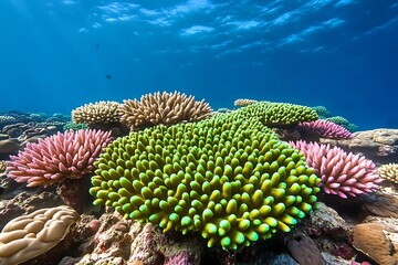 A coral garden with neon green and pink corals growing in intricate patterns along the reef