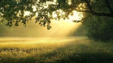 Golden Sunlight Filtering Through Tree Branches and Illuminating a Meadow
