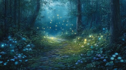 Obraz premium Enchanted Forest Pathway with Glowing Fireflies