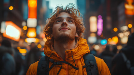 A young man in an orange jacket looks up at the city lights.