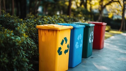 Colorful recycling bins in a park environment