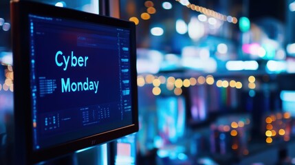 Cyber Monday advertisement on a computer screen in an urban night setting