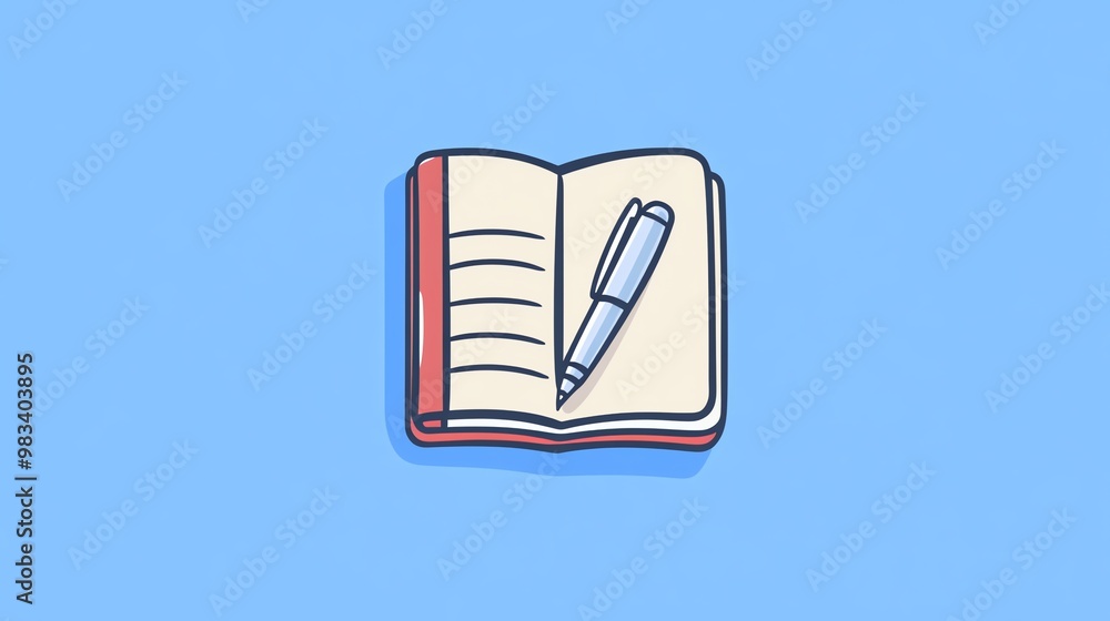 Poster a simple illustration of an open notebook with a pen on a blue background.